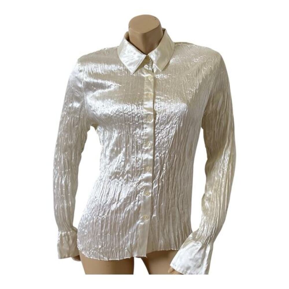 Michele Michelle Blouse Womens Large Cream Crinkle Satin Button Up Long Sleeve